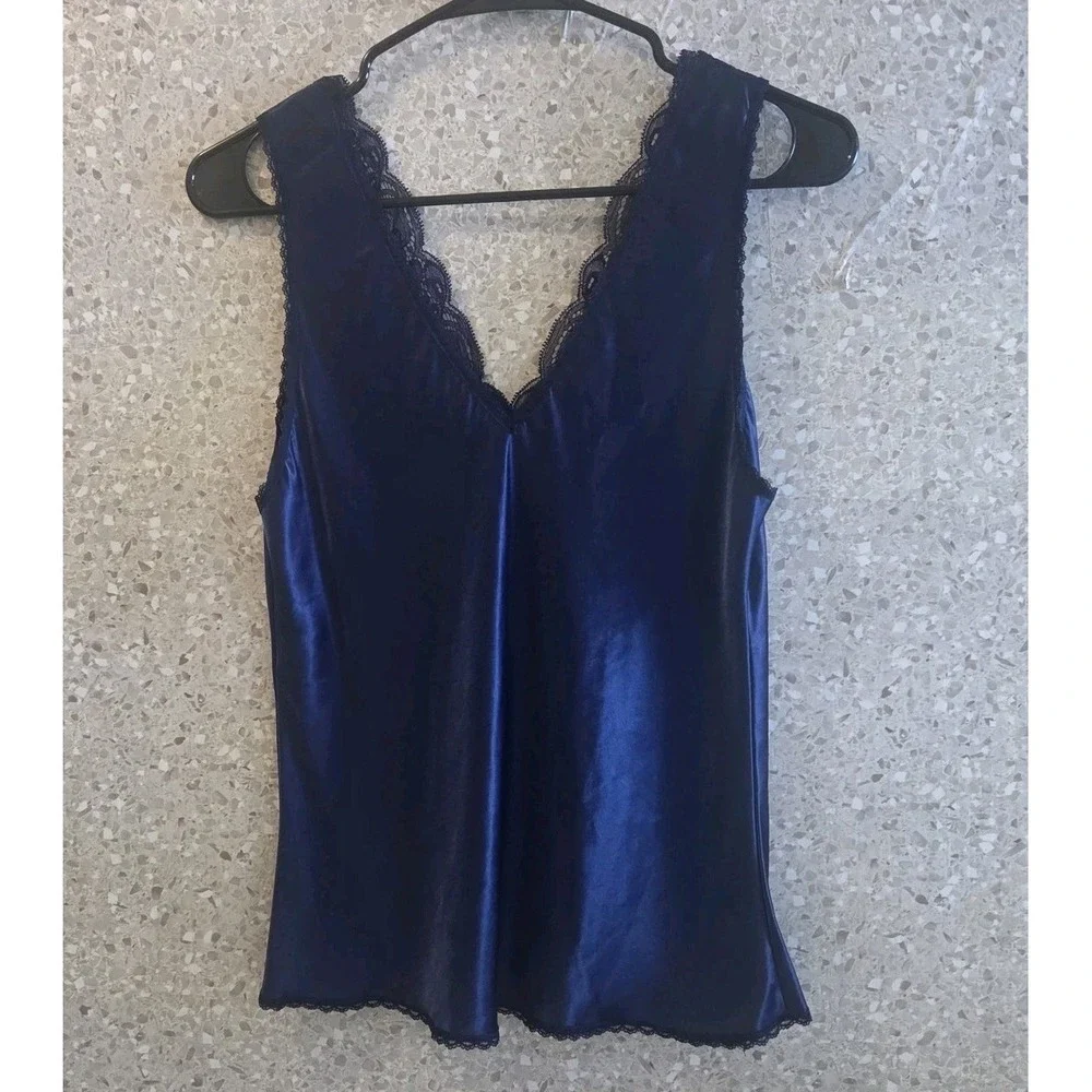 Natori‎ Blue Satin Lace Trim Sleep Cami Top Womens Small S Silky Lingerie